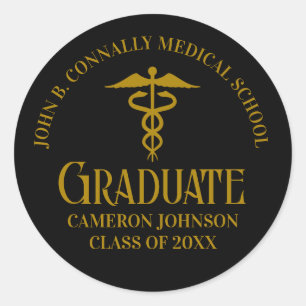 Elegant Black Gold Medical School Graduation Party Classic Round Sticker