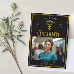 Elegant Black Gold Medical School Graduation Photo Announcement