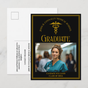 Elegant Black Gold Medical School Graduation Photo Announcement Postcard