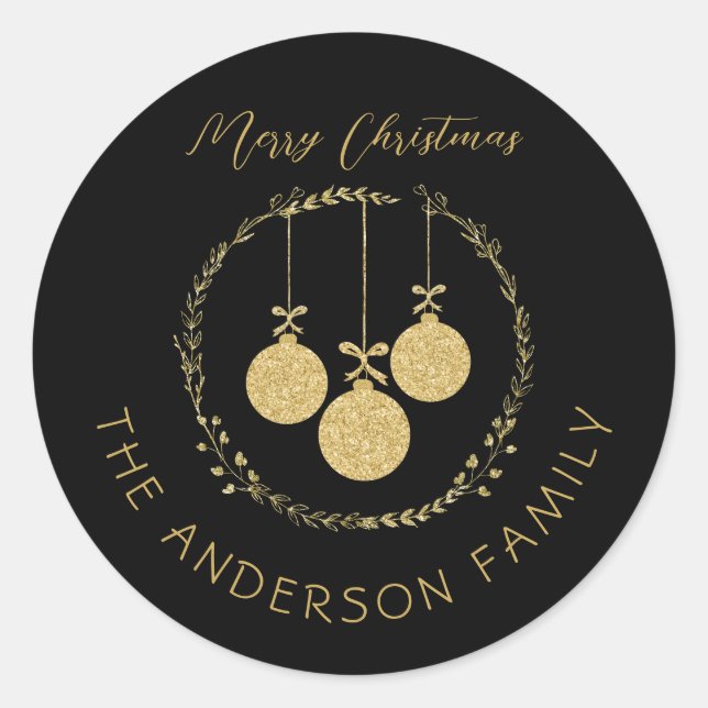 Elegant Black Gold Merry Christmas Family Name Classic Round Sticker (Front)