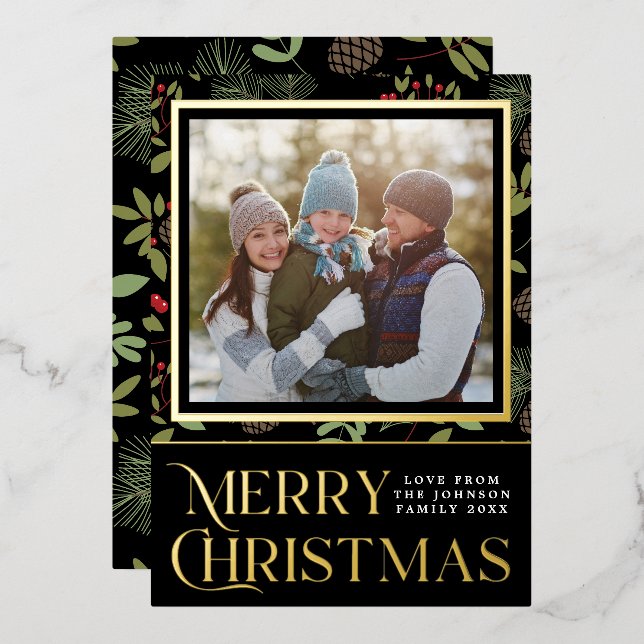 Elegant Black & Gold Merry Christmas Holly Photo Foil Holiday Card (Front/Back)