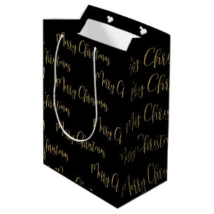 Elegant Black Gold Merry Christmas  Medium Gift Bag
