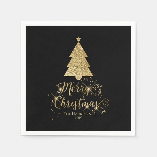 Elegant Black Gold Merry Christmas Sparkle Napkin (Front)