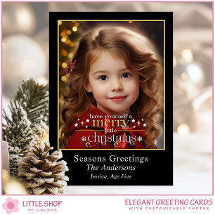 Elegant Black Gold Merry Little Christmas Photo Holiday Card