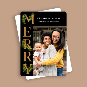 Elegant Black Gold Merry Pine Photo Christmas  Holiday Card