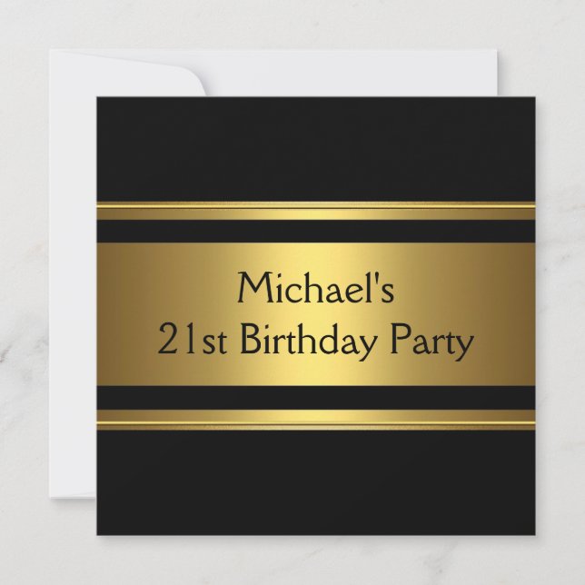 Elegant Black & Gold Metal 21st Birthday Party Invitation (Front)