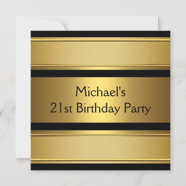 Elegant Black & Gold Metal 21st Birthday Party Invitation (Front)