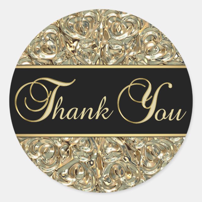 Elegant Black Gold Metallic Glass Thank You Classic Round Sticker (Front)