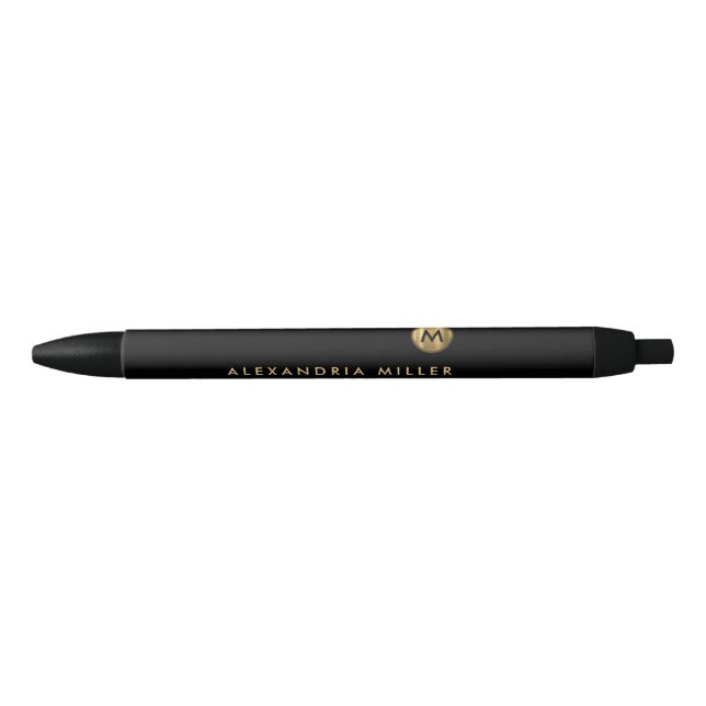 Elegant Black Gold Minimal Monogram Black Ink Pen (Front)