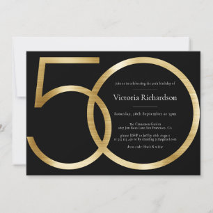 Elegant Black Gold Minimalist 50th Birthday Invitation