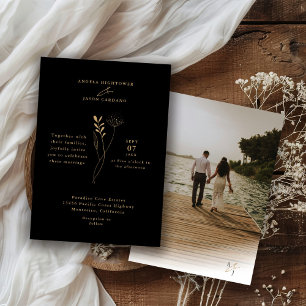 Elegant Black Gold Minimalist Wedding Photo Invitation