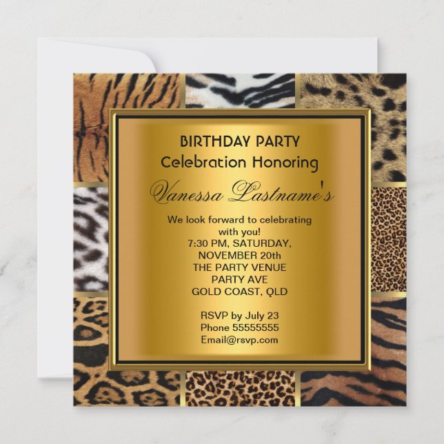 Elegant Black Gold Mixed Animal Birthday Party Invitation (Front)