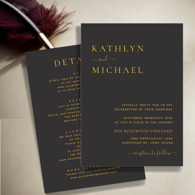 Elegant Black Gold Modern All In One Wedding Invitation (Creator Uploaded)