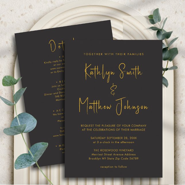 Elegant Black Gold Modern All In One Wedding Invitation (Creator Uploaded)