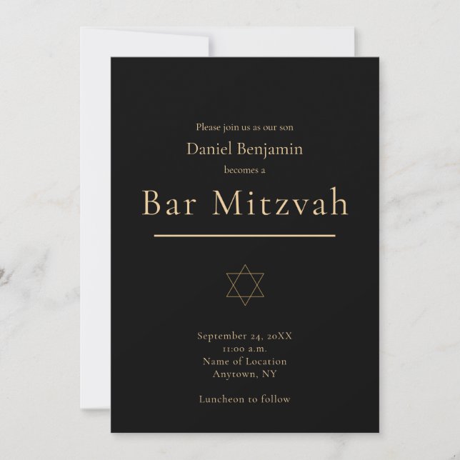 Elegant Black Gold Modern Bar Mitzvah Invitation (Front)