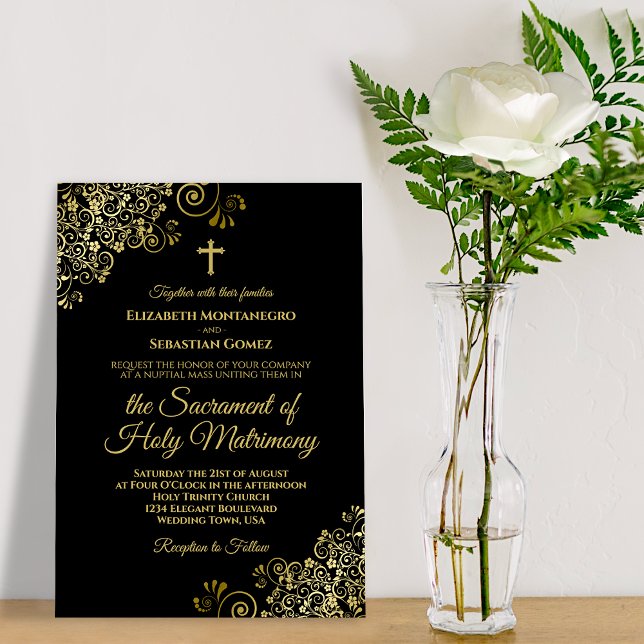 Elegant Black & Gold Modern Catholic Wedding Invitation (Creator Uploaded)