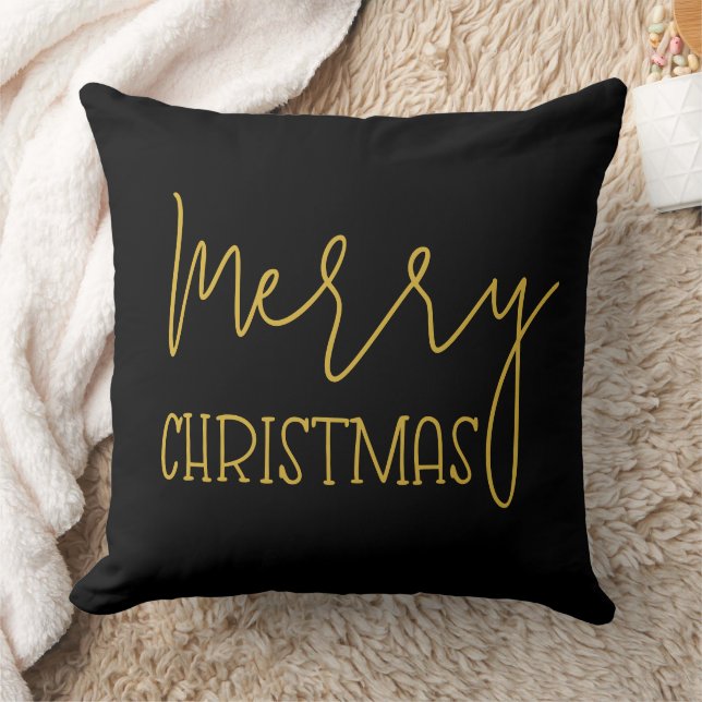 Elegant Black Gold Modern Minimal Merry Christmas Cushion (Blanket)