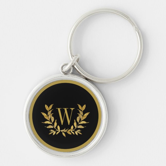 Elegant Black Gold Modern Monogram Chic Key Ring (Front)