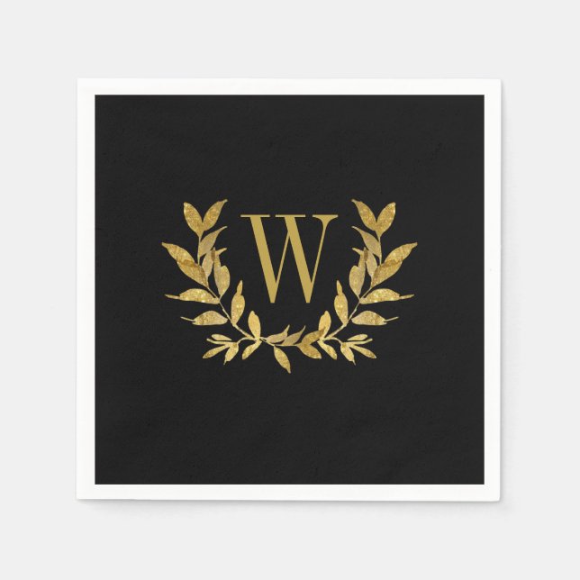 Elegant Black Gold Modern Monogram Wedding Napkin (Front)