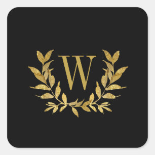 Elegant Black Gold Modern Monogram Wedding Square Sticker