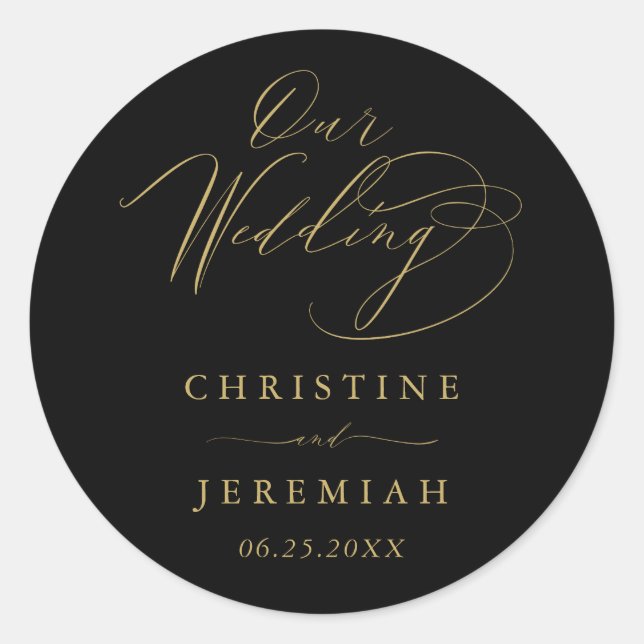 Elegant Black Gold Modern Script Wedding Classic Round Sticker (Front)