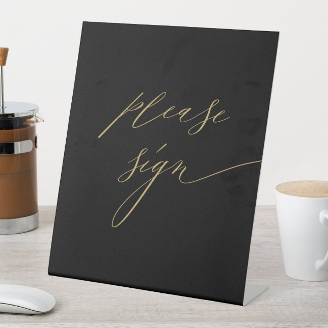 Elegant Black Gold Modern Script Wedding Guestbook Pedestal Sign (In SItu)