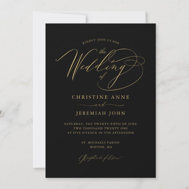 Elegant Black Gold Modern Script Wedding Invitatio Invitation (Front)