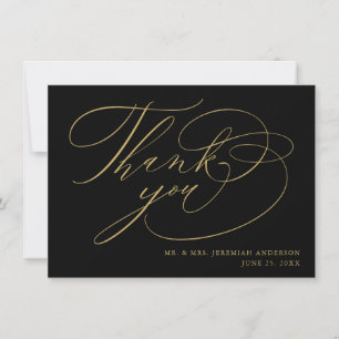 Elegant Black Gold Modern Script Wedding Thank You Card