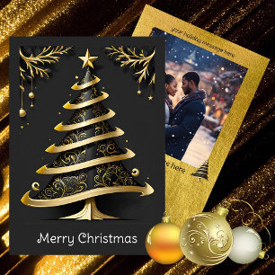Elegant Black Gold Modern Tree   Photo Christmas Holiday Card