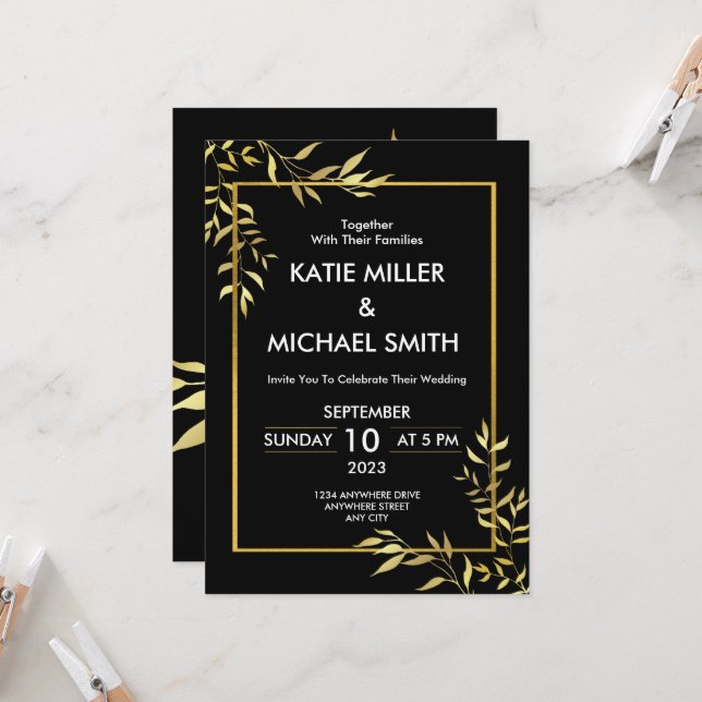 Elegant Black & Gold Modern Wedding Invitation (Front/Back In Situ)
