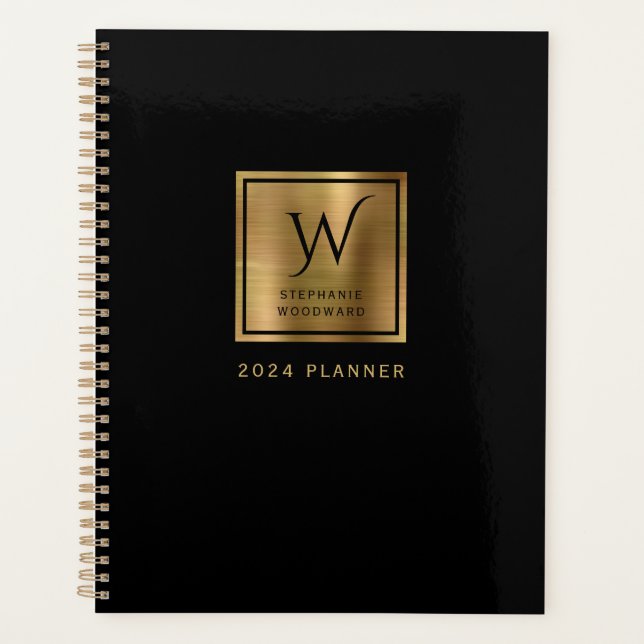 Elegant Black Gold Monogram 2024 Planner (Front)