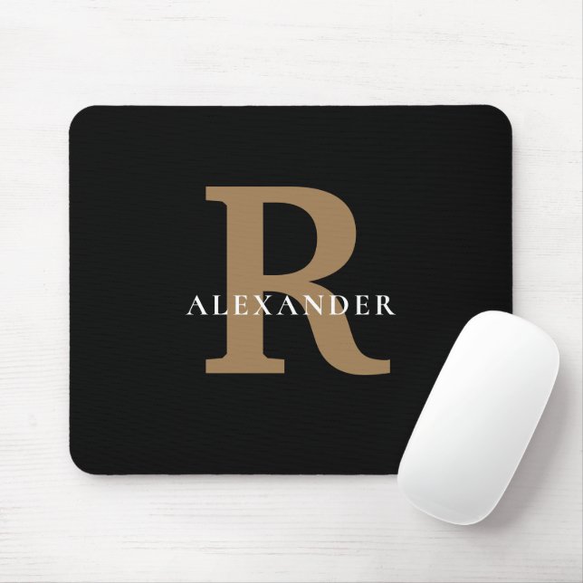 Elegant Black Gold Monogram Bold Typography Name Mouse Mat (With Mouse)