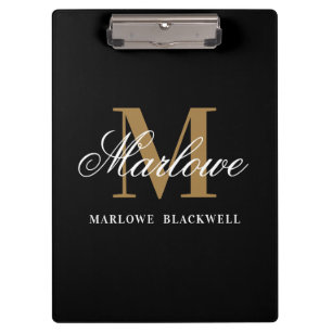Elegant Black Gold Monogram Calligraphy Clipboard