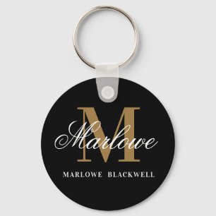 Elegant Black Gold Monogram Calligraphy Key Ring