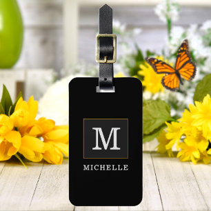Elegant Black Gold Monogram Chic Personalised Luggage Tag