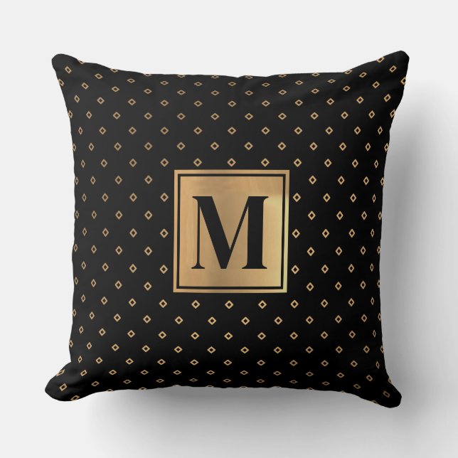 Elegant Black Gold Monogram Cushion (Front)