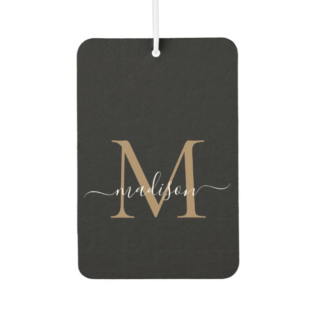 Elegant Black Gold Monogram Cute Girly Chic Script Car Air Freshener (Front)