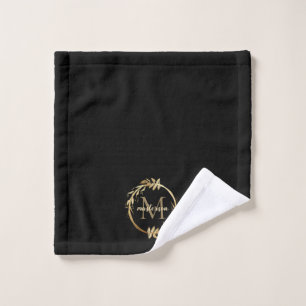 Elegant Black Gold Monogram Eucalyptus Wreath Wash Cloth
