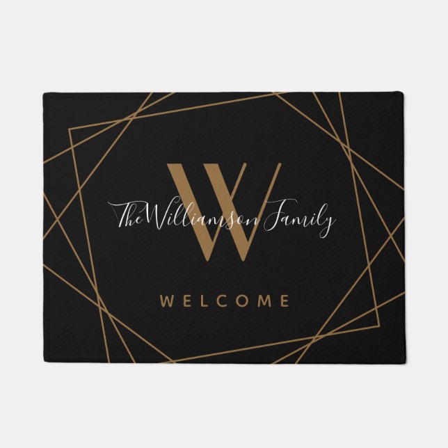 Elegant Black Gold Monogram Family Name Script Doormat (Front)