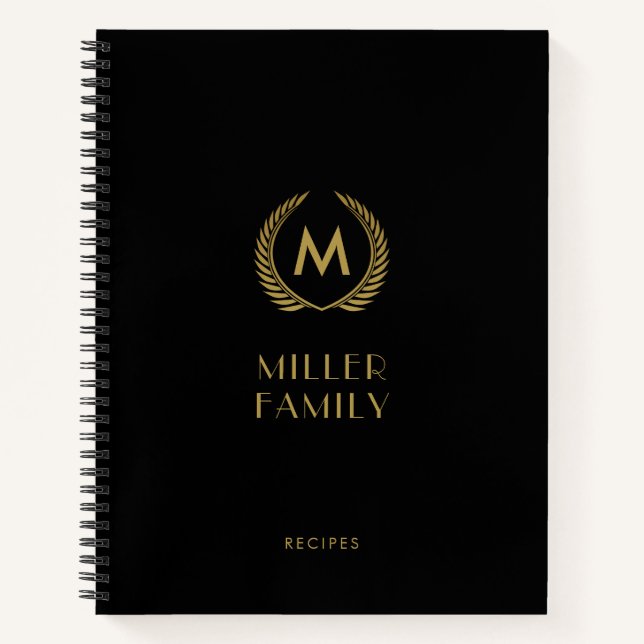 Elegant Black Gold Monogram Family Recipe Book (Front)