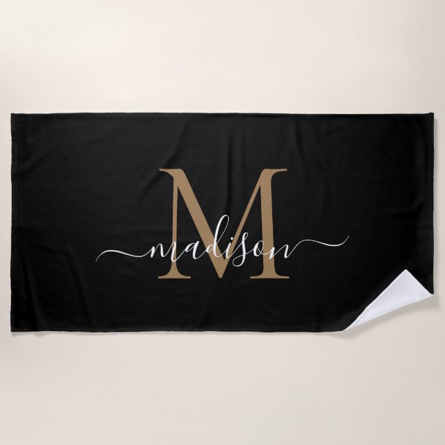 Elegant Black Gold Monogram Feminine Girly Script Beach Towel (Front)