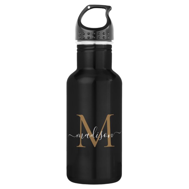 Elegant Black Gold Monogram Feminine Script Name 532 Ml Water Bottle (Front)