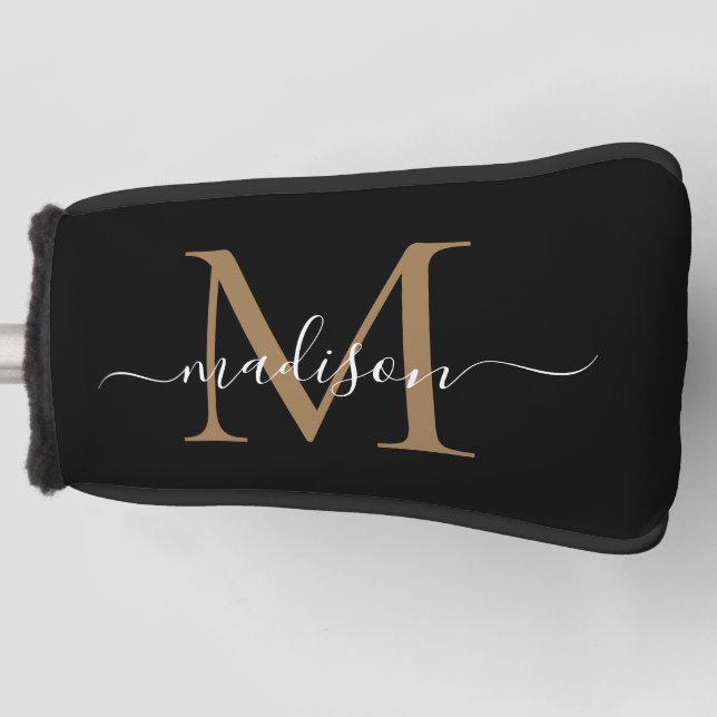 Elegant Black Gold Monogram Feminine Script Name Golf Head Cover (Front)