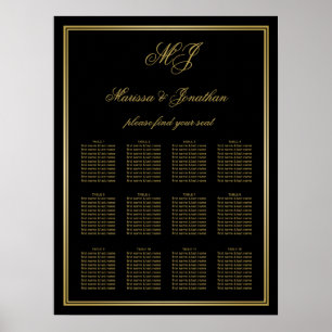 Elegant Black Gold Monogram Frame Wedding Seating Poster