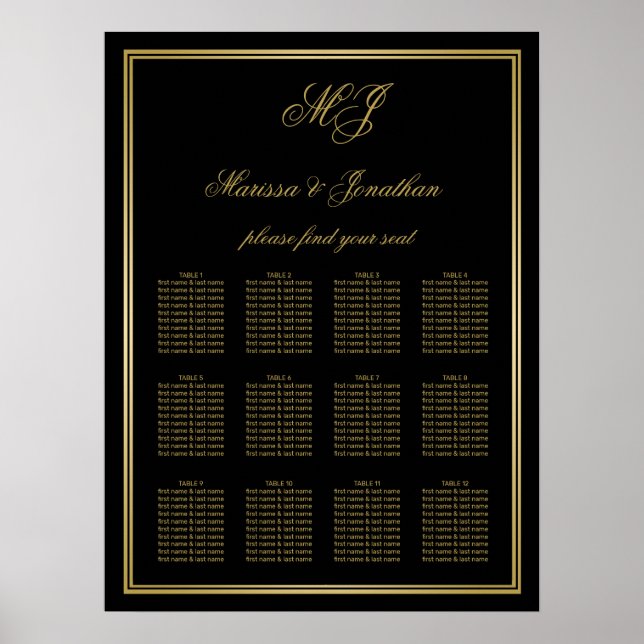 Elegant Black Gold Monogram Frame Wedding Seating Poster (Front)