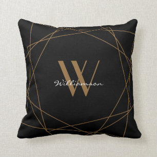 Elegant Black Gold Monogram Geometric Name Script Cushion