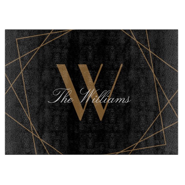 Elegant Black Gold Monogram Geometric Name Script Cutting Board (Front)