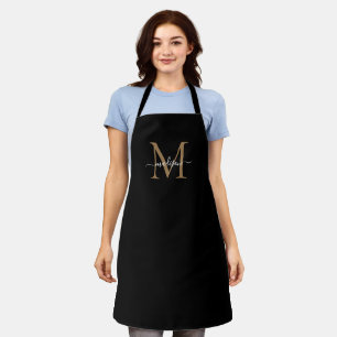 Elegant Black Gold Monogram Girly Feminine Script Apron
