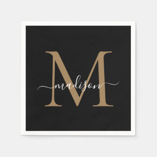 Elegant Black Gold Monogram Girly Script Birthday Napkin