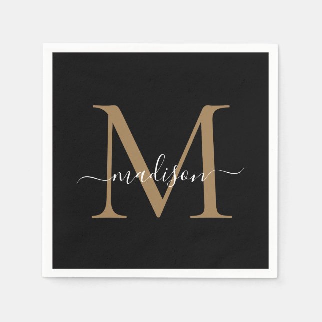 Elegant Black Gold Monogram Girly Script Birthday Napkin (Front)